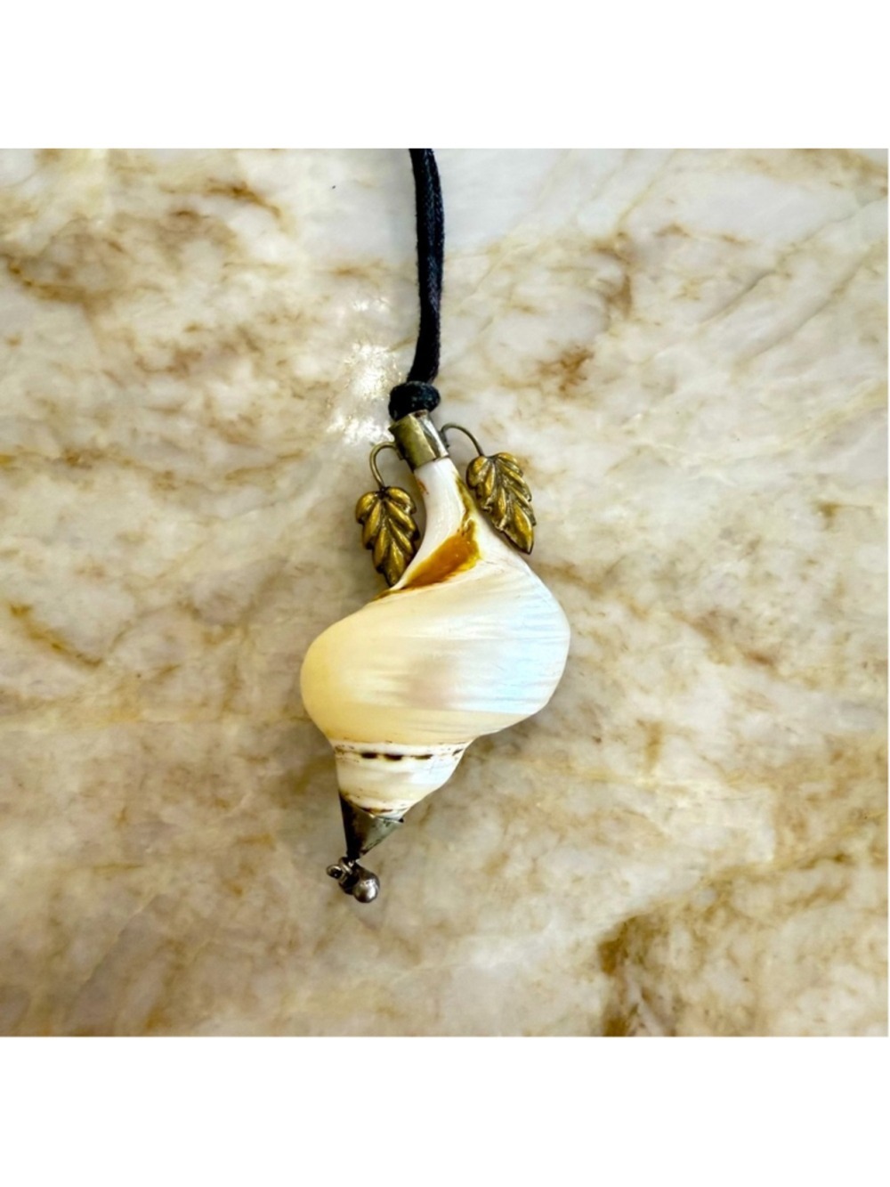 Antique hidden snuff compartment silver and brass Leaf Shell Necklace.
